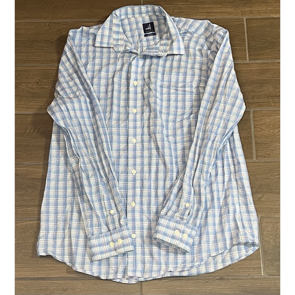 Johnnie O Men's Shirt Large French Blue White Plaid Button Up Top Shelf Preppy